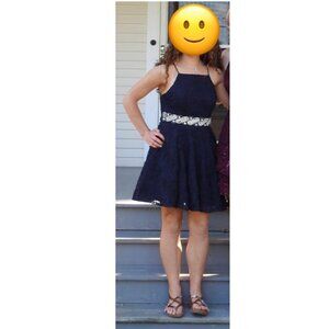 Navy Blue Formal Dress with Sequins and Beads.